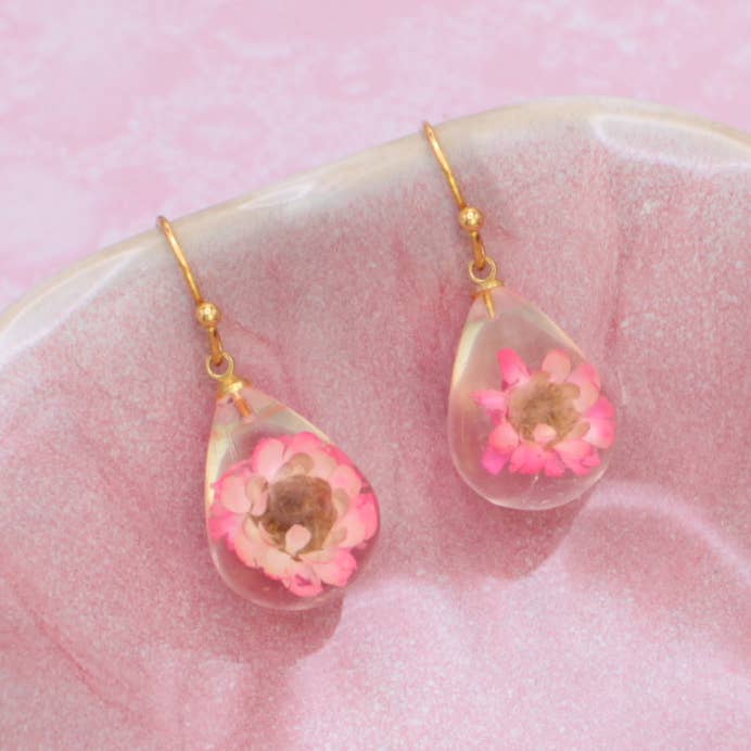 Pink Dried Flower Clear Teardrop Earrings
