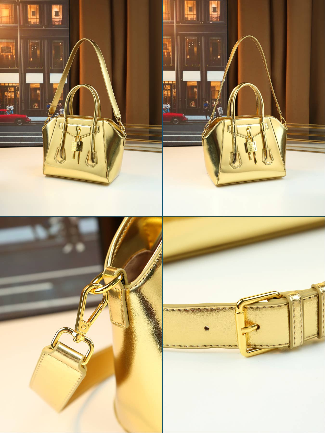 Lock Detail Cow Print Handbag Boston bag with 2 straps