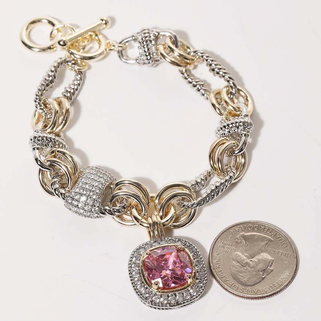 Two Tone Pavé Square Charm Toggle Link Bracelet