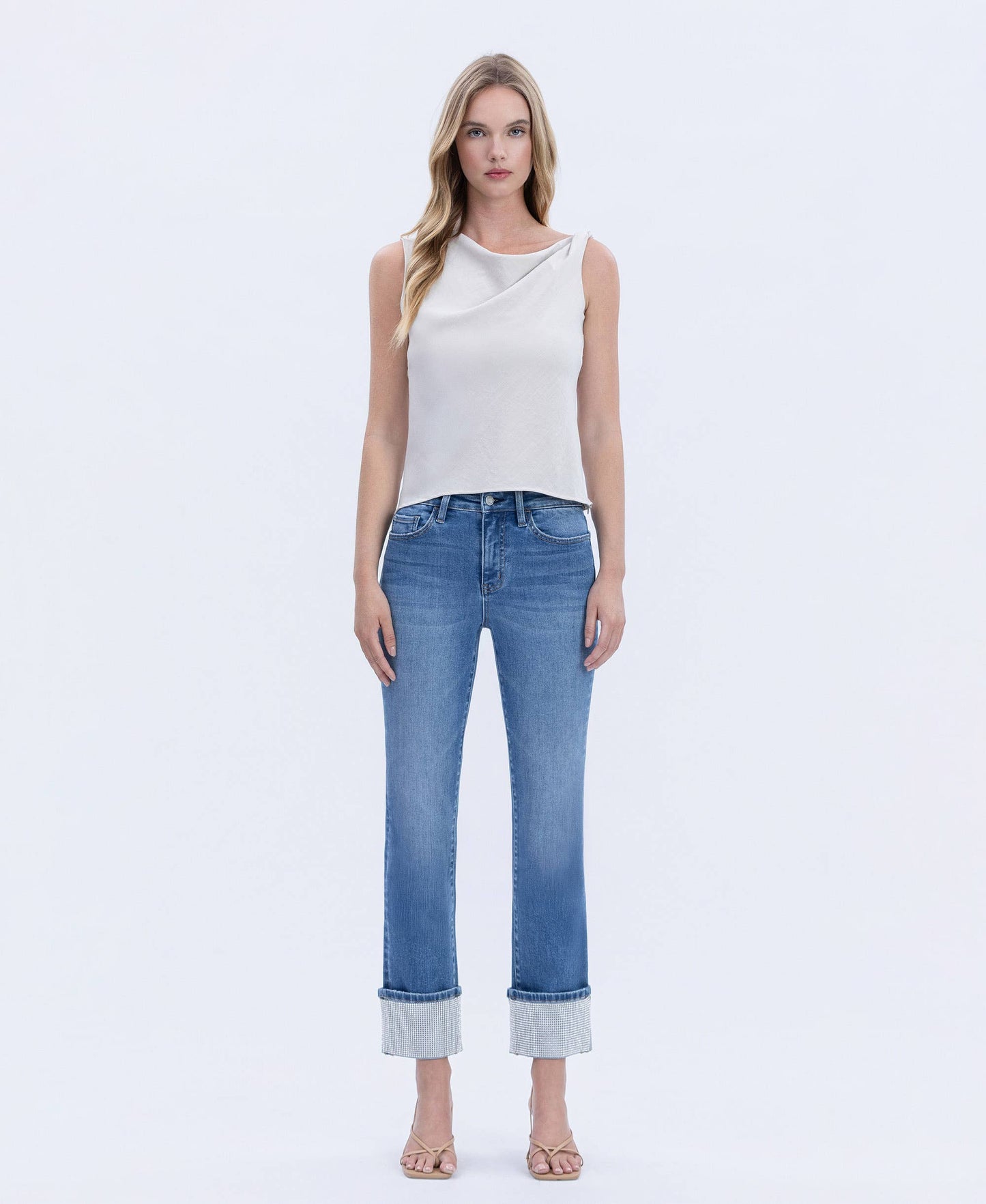 HIGH RISE RHINESTONE CUFFED SLIM STRAIGHT JEANS T7004