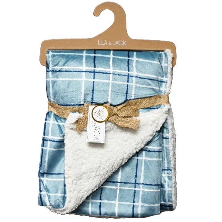 30" x 40" Blue Plaid Sherpa Baby Blanket with Hanger