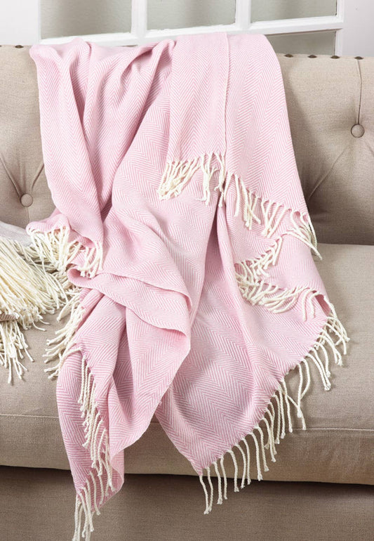 Pink Herringbone Fringed 50x60 Inch Throw Blanket