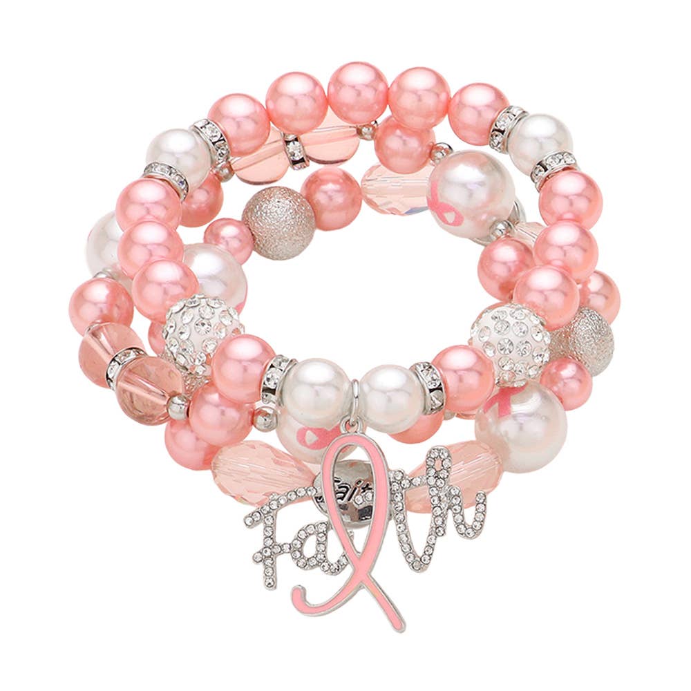3PCS - Paved Pink Ribbon FAITH Charm Shamballa Bracelets