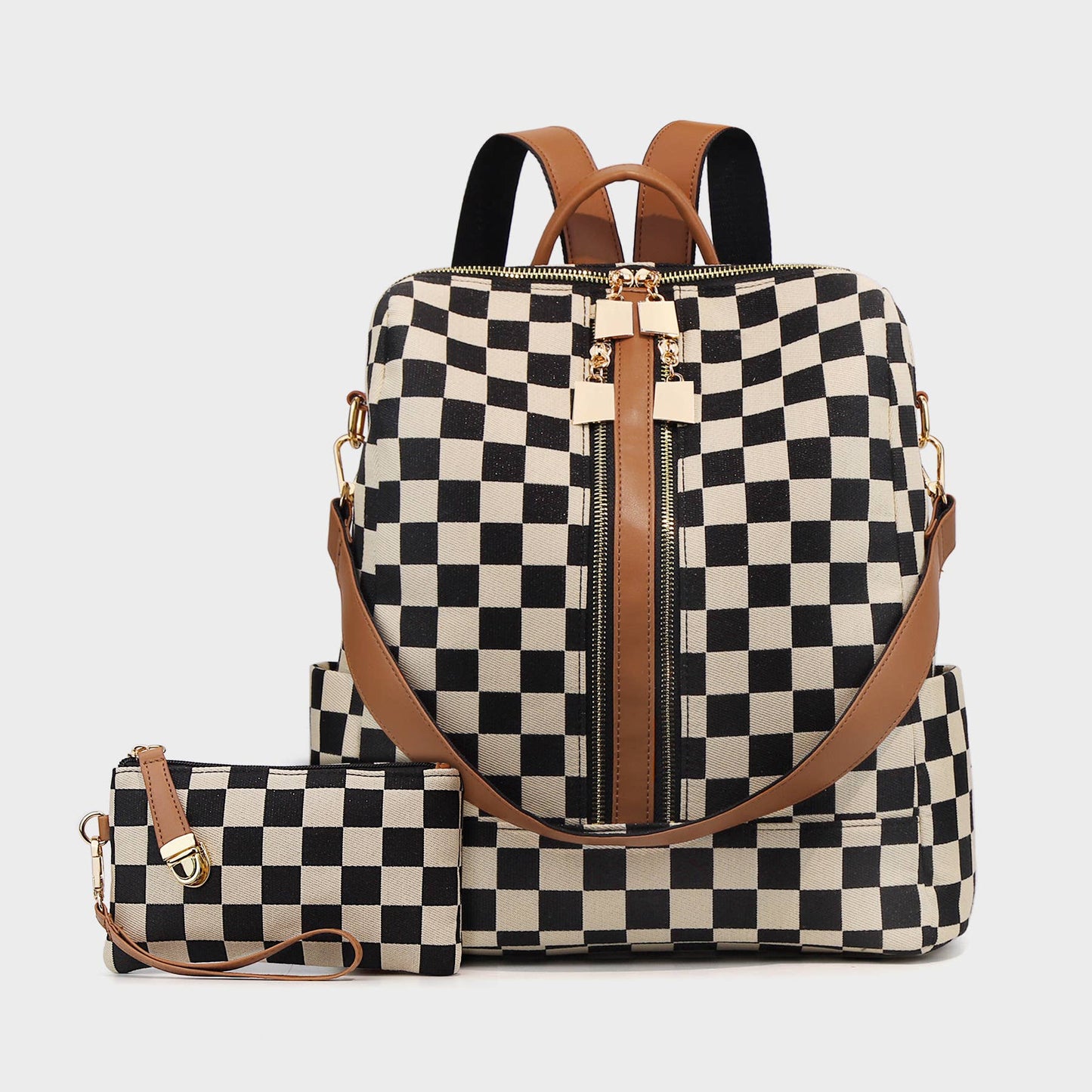 PU Checkered Backpack with Wristlet Pouch