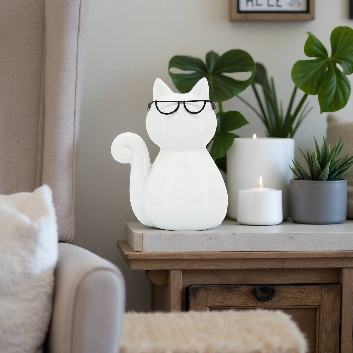 Ceramic Modern Kitty with Glasses Figurine - White, 8 in.