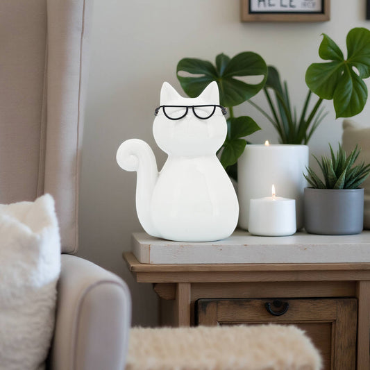 Ceramic Modern Kitty with Glasses Figurine - White, 8 in.