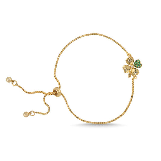 Gold CZ 4 Leaf Clover Adjustable Bracelet