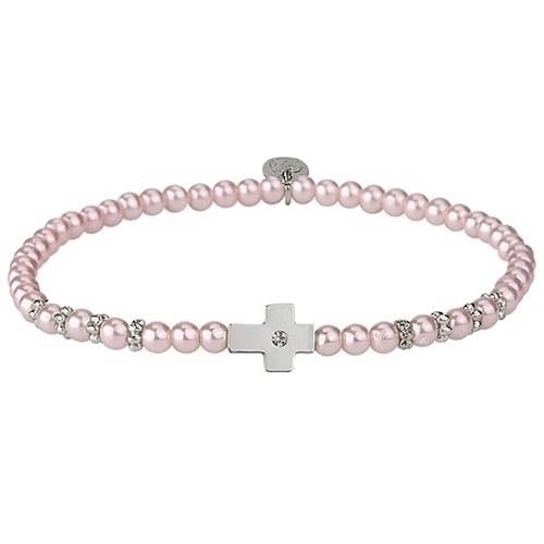 6 L Silver Side Cross Bracelet Pink; Stretch