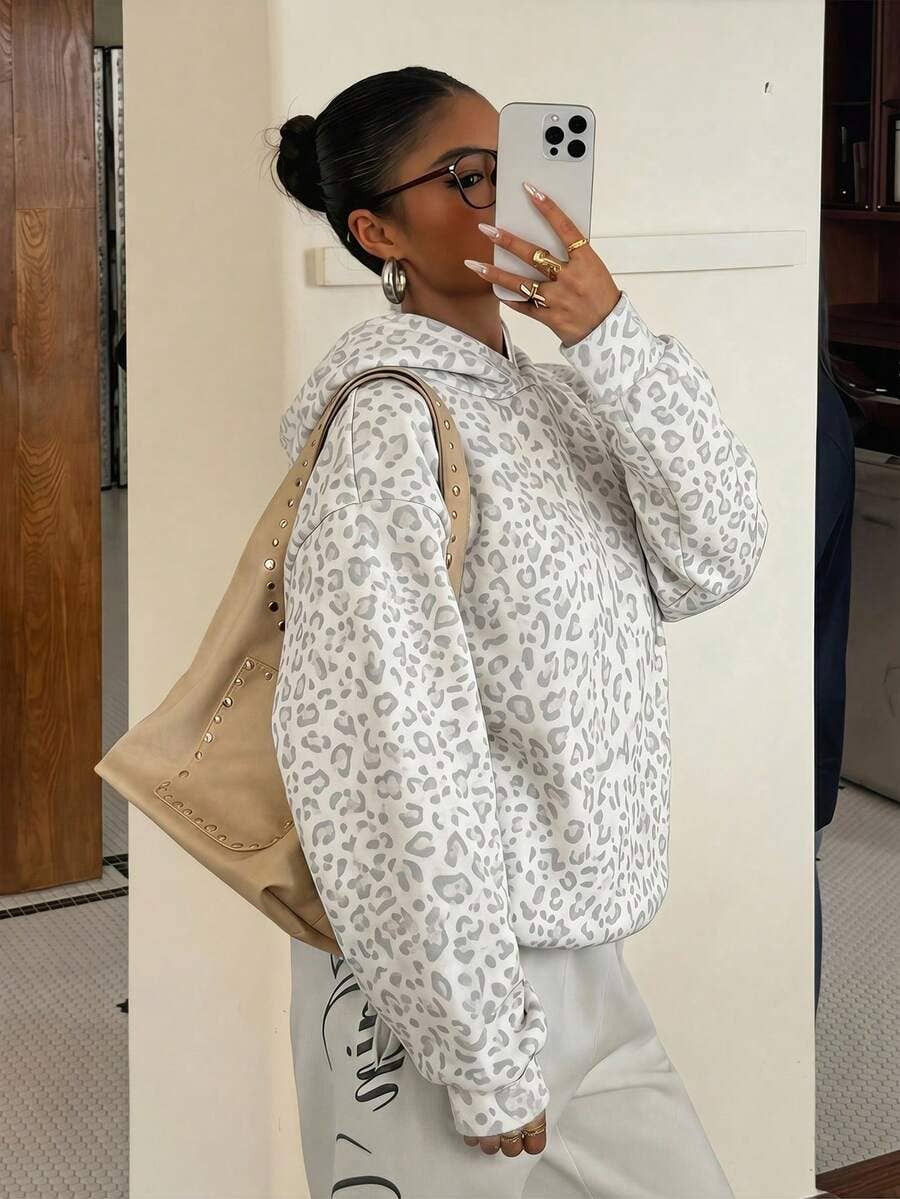 Leopard Print Hoodie Casual Oversized Sweatshirt