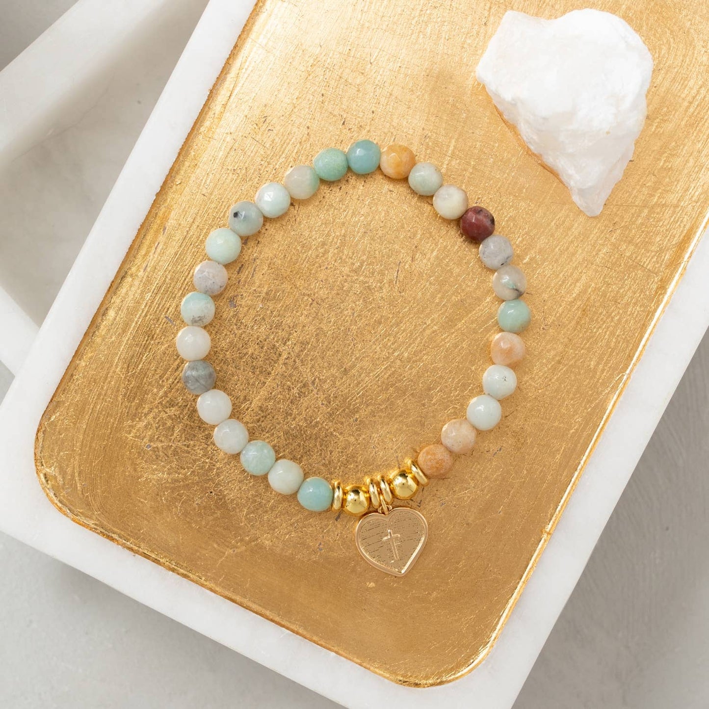 Stretch Stone Bracelet With Heart Cross Charm