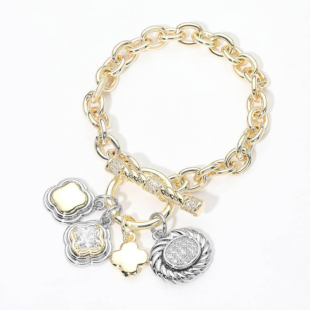14K Gold Plated Two Tone CZ Quatrefoil Oval Multi Charm Toggle Bracelet