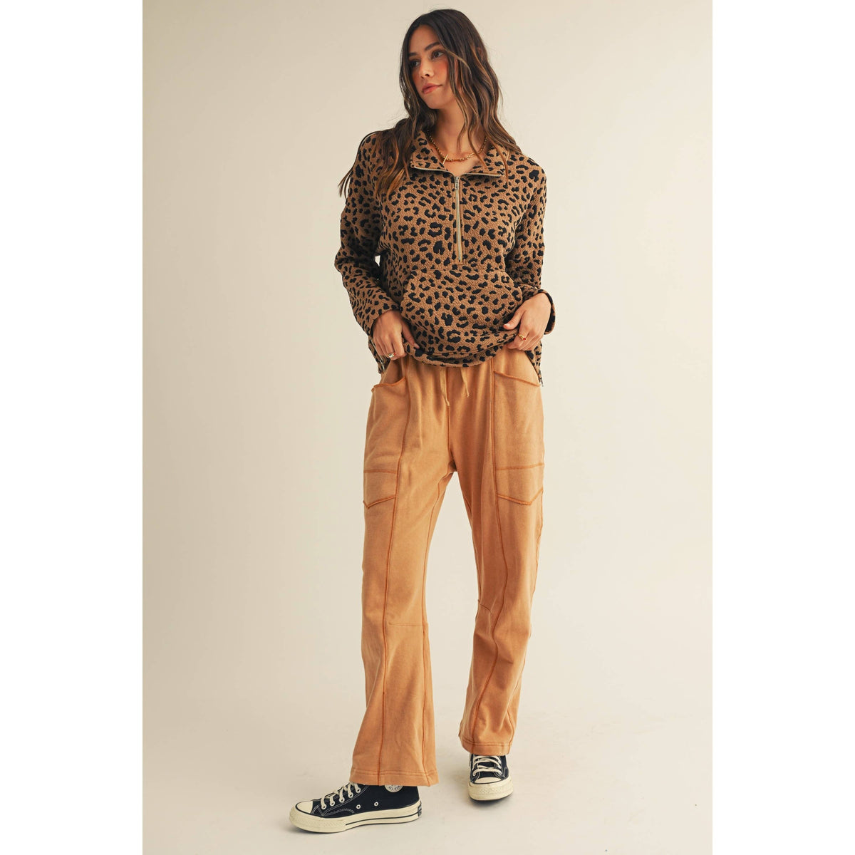 Leopard Loose Fit Zipper Pullover Top