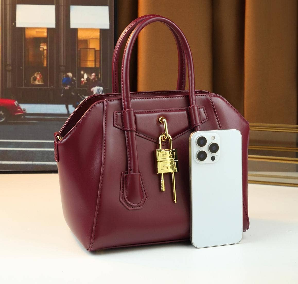 Lock Detail Cow Print Handbag Boston bag with 2 straps
