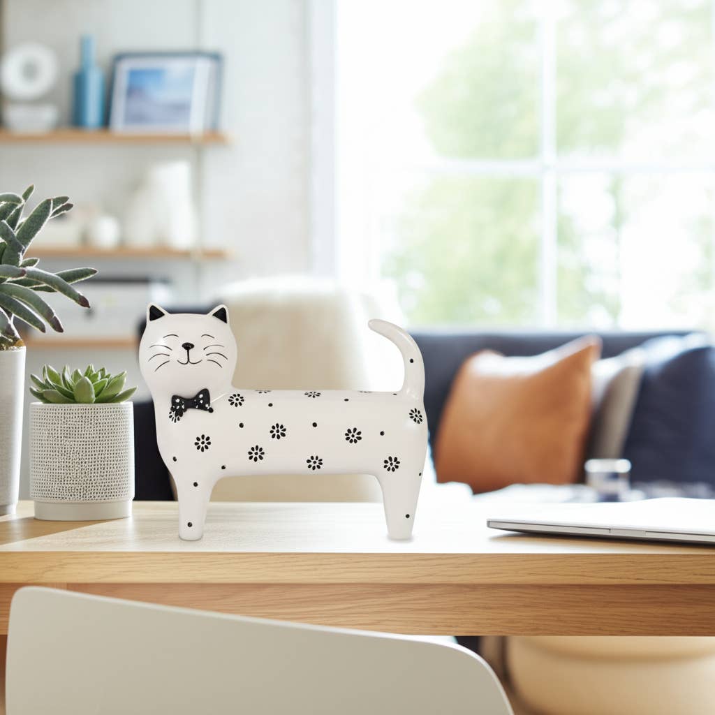 Ceramic Daisies Cat with Bowtie Figurine - White, 7 in.
