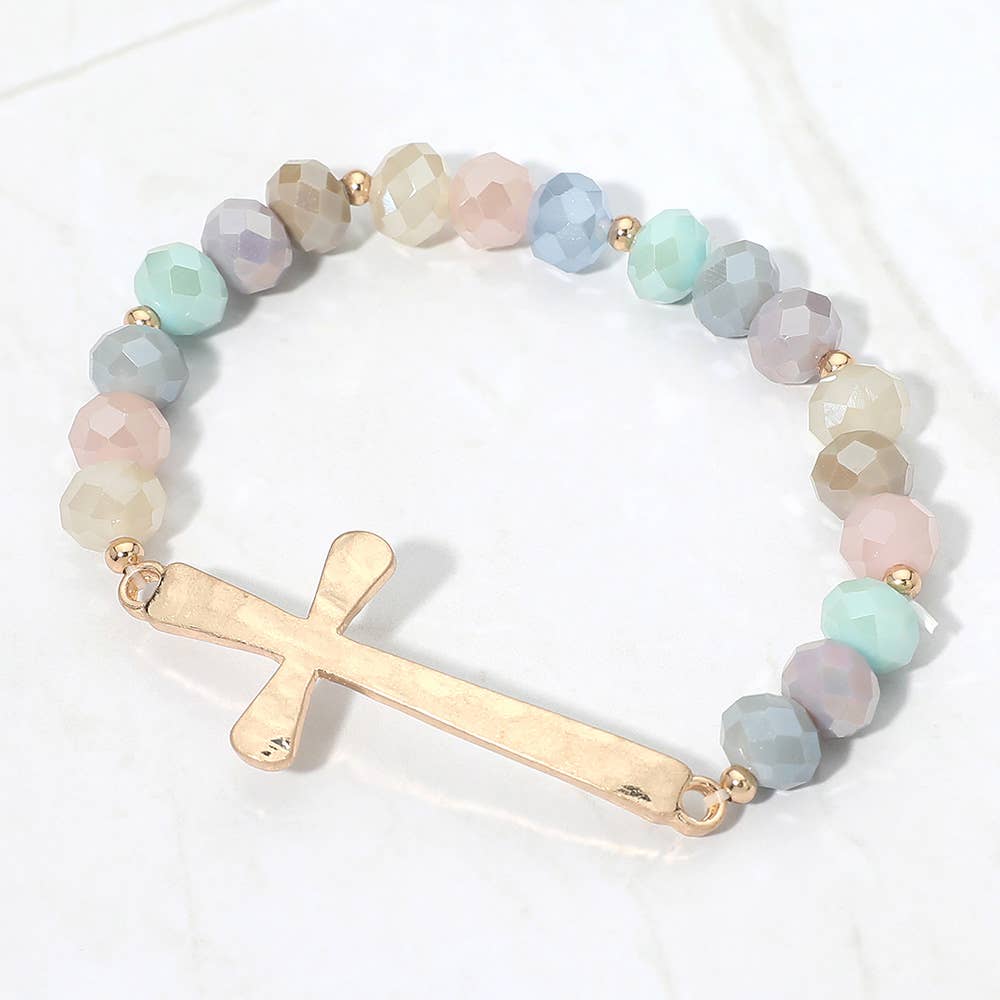 Brushed Hammered Metal Cross Accent Faceted Beaded Stretch Bracelet