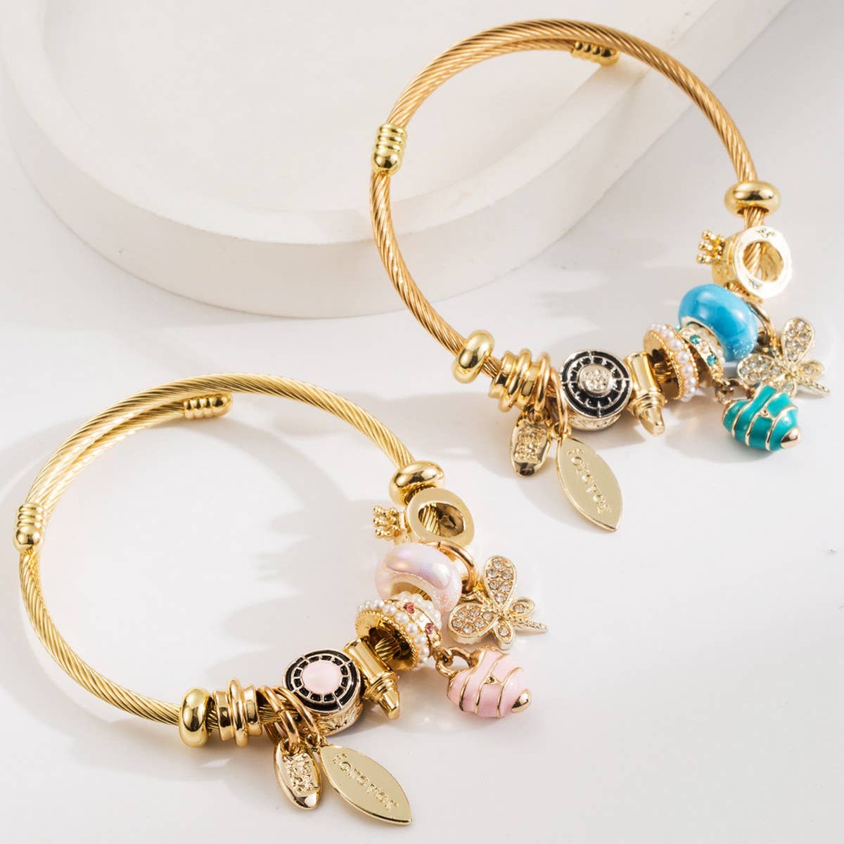 Travel Style Steel Bracelet with Rhinestone Charms_CWMM8584