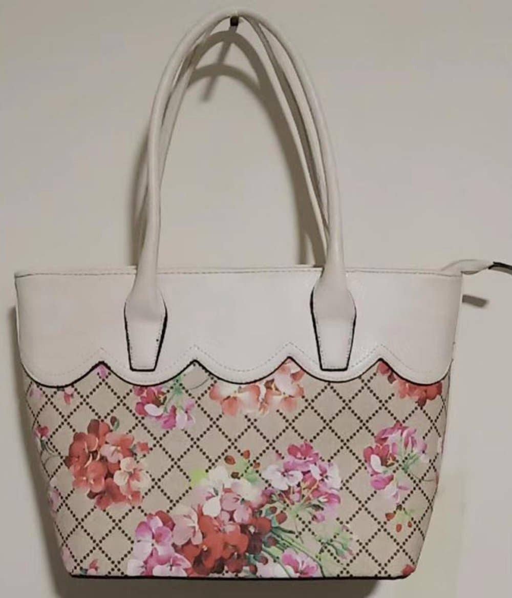 7356 Floral Print Two Color Faux Leather Bag