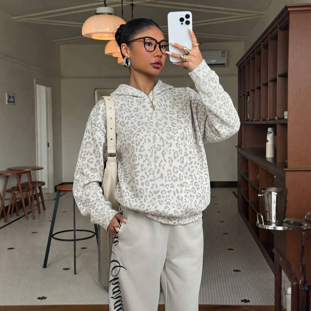 Leopard Print Hoodie Casual Oversized Sweatshirt