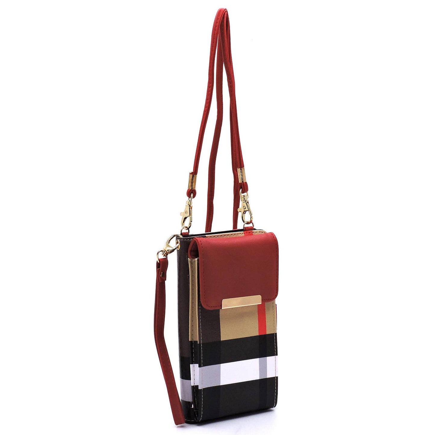 BT073_RED Tartan Plaid Check Bifold Wallet Crossbody Cell Ph