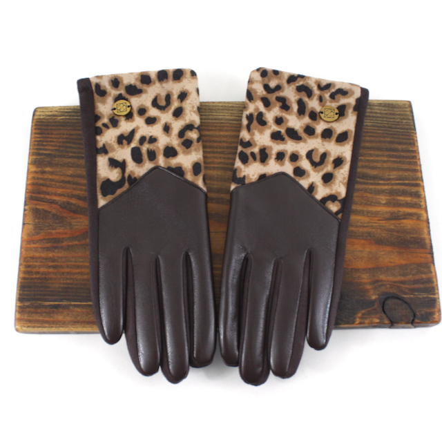 A26002 Faux Leather Leopard Contrast Gloves