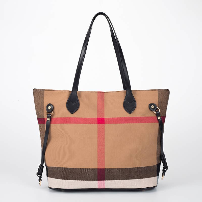 Classic Plaid Canvas & Leather Trim Tote Bag