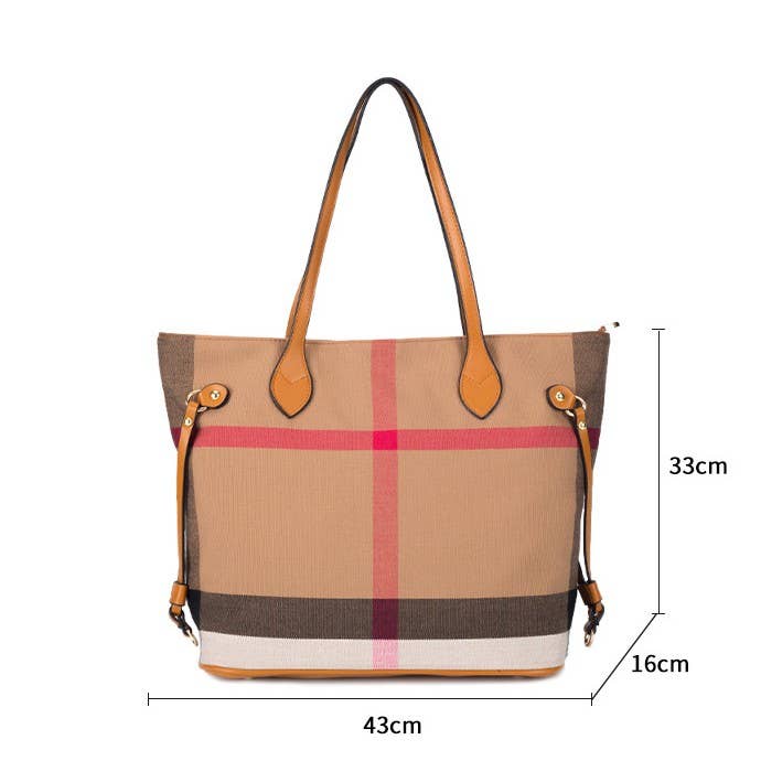 Classic Plaid Canvas & Leather Trim Tote Bag