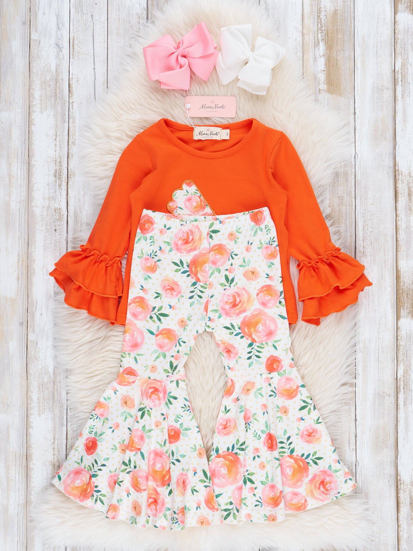 Orange Ruffle Floral Chicken Bell Bottom Outfit