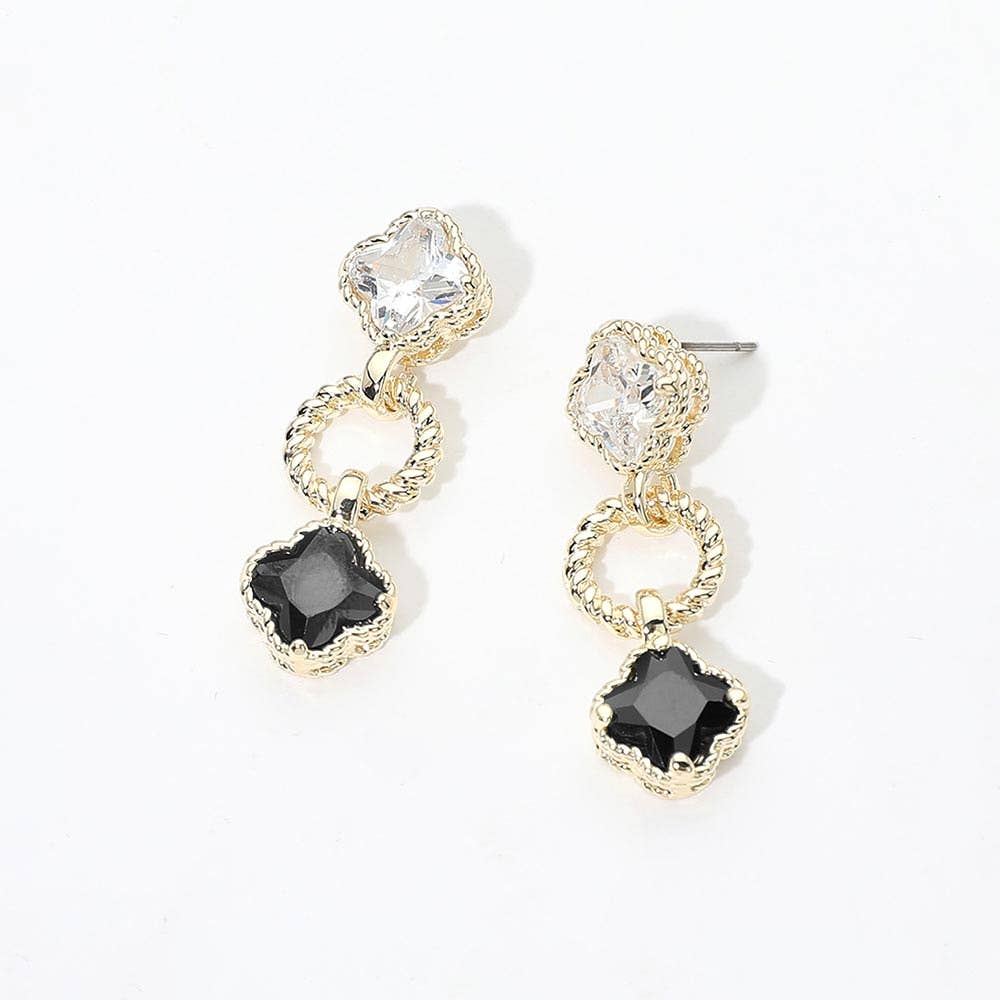14K Gold Plated CZ Quatrefoil Charm Link Drop Earrings