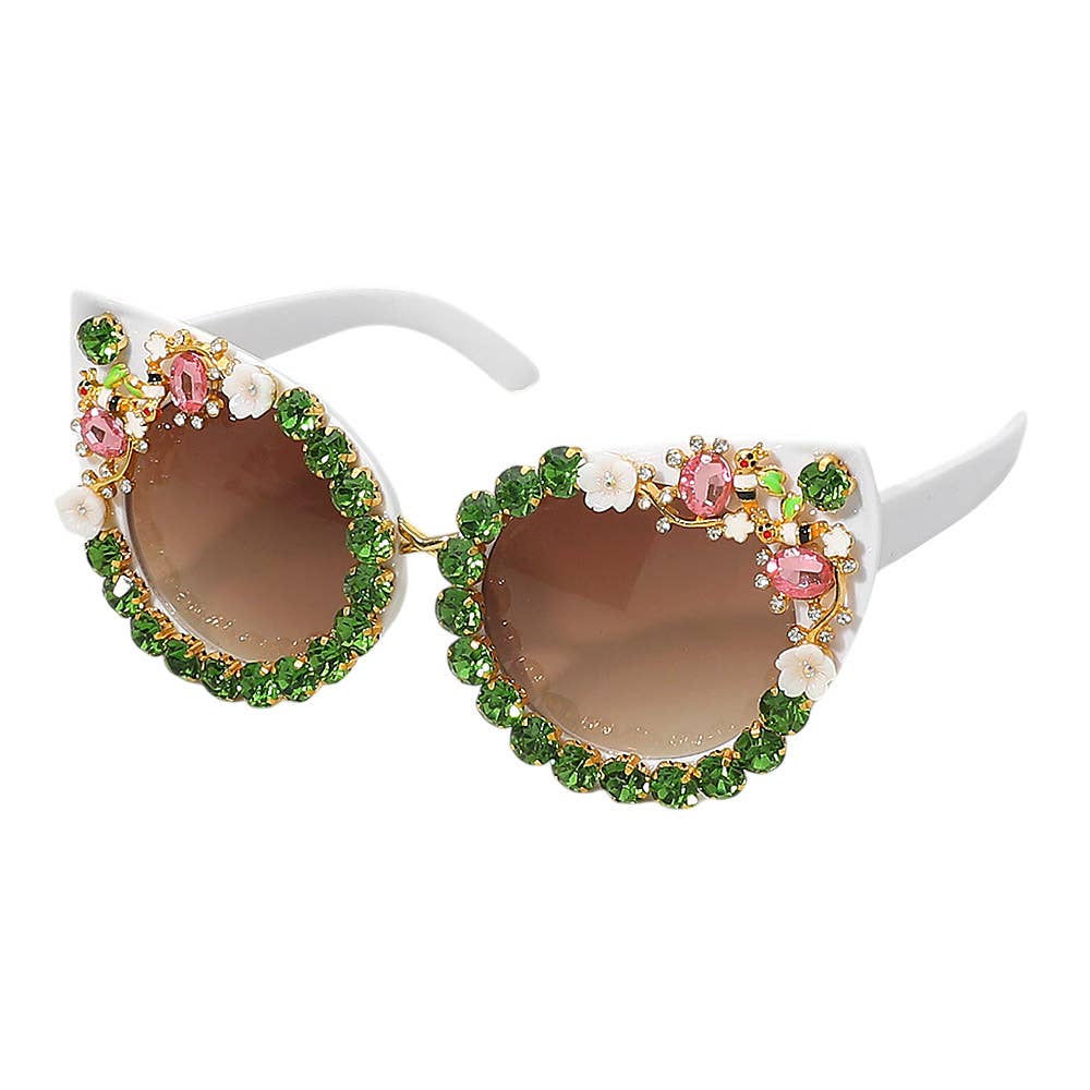 Floral Vine Stone Embellished Cat Eye Frame Fashion Sunglasses