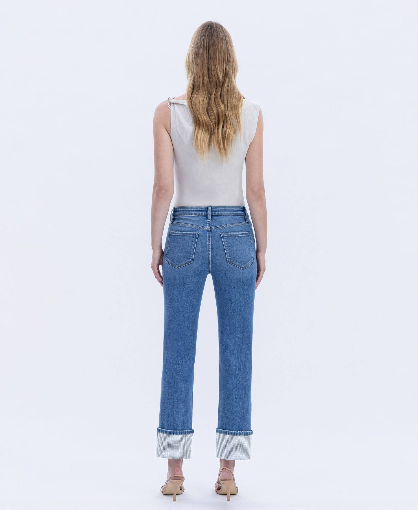 HIGH RISE RHINESTONE CUFFED SLIM STRAIGHT JEANS T7004