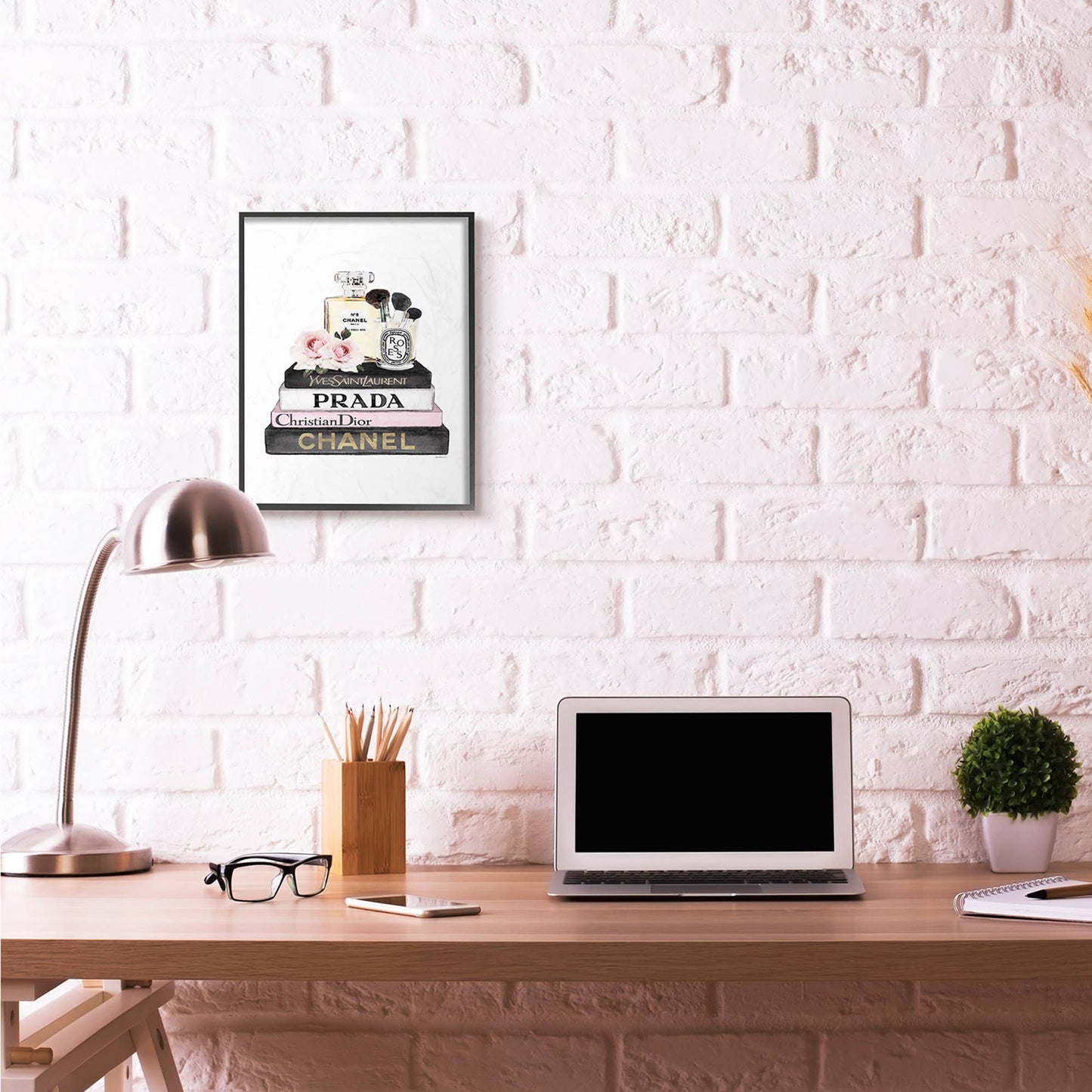 Fashion Designer Flower Bookstack Watercolor Framed Giclee