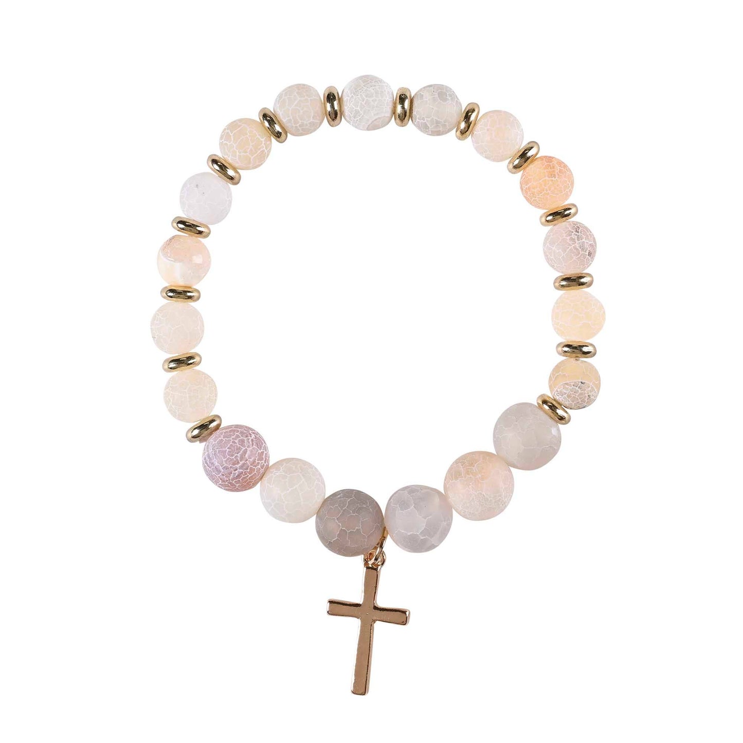 Stretch Bracelet Ecru Stones W/Cross