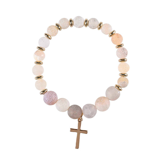 Stretch Bracelet Ecru Stones W/Cross