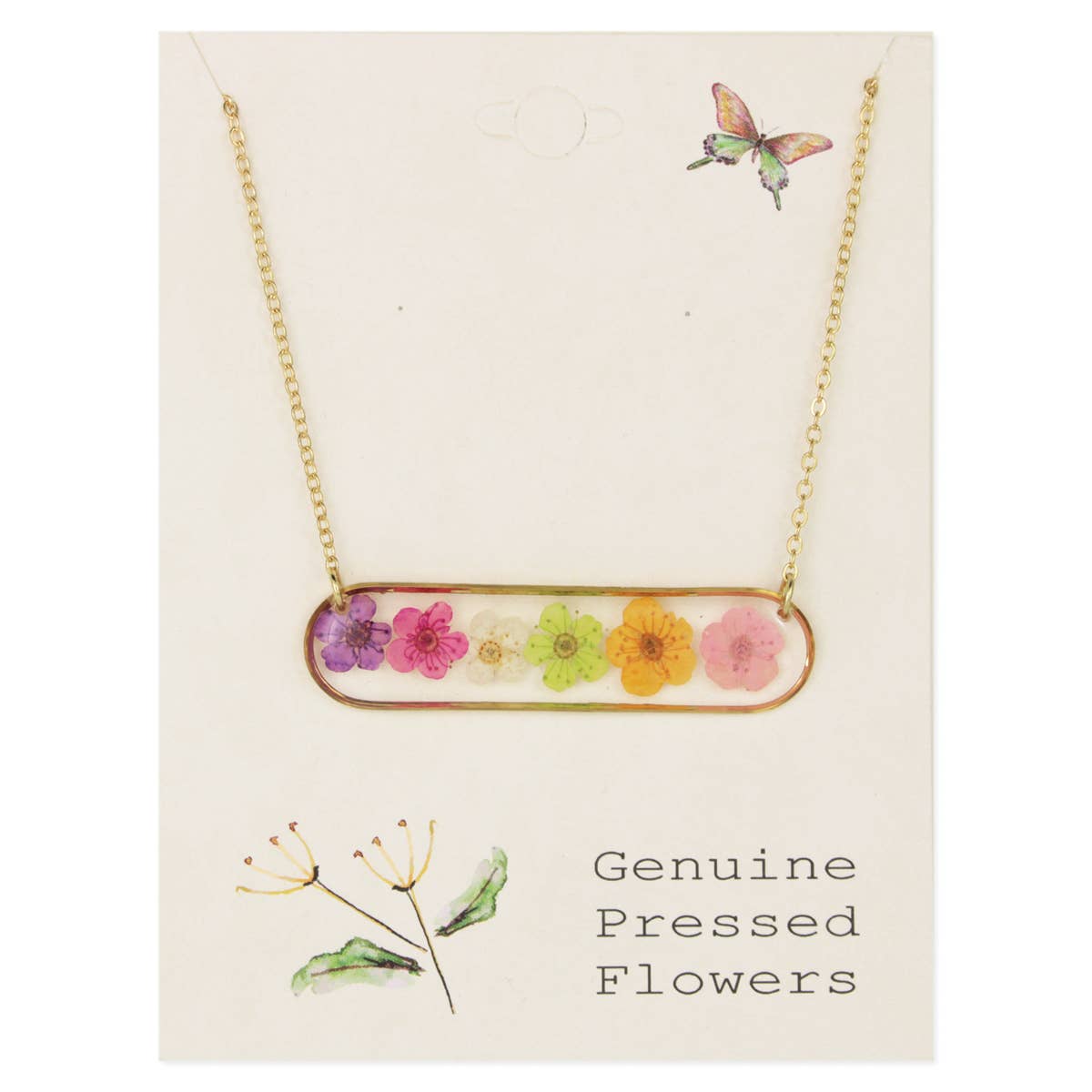 Pastel Rainbow Dried Flower Gold Bar Necklace