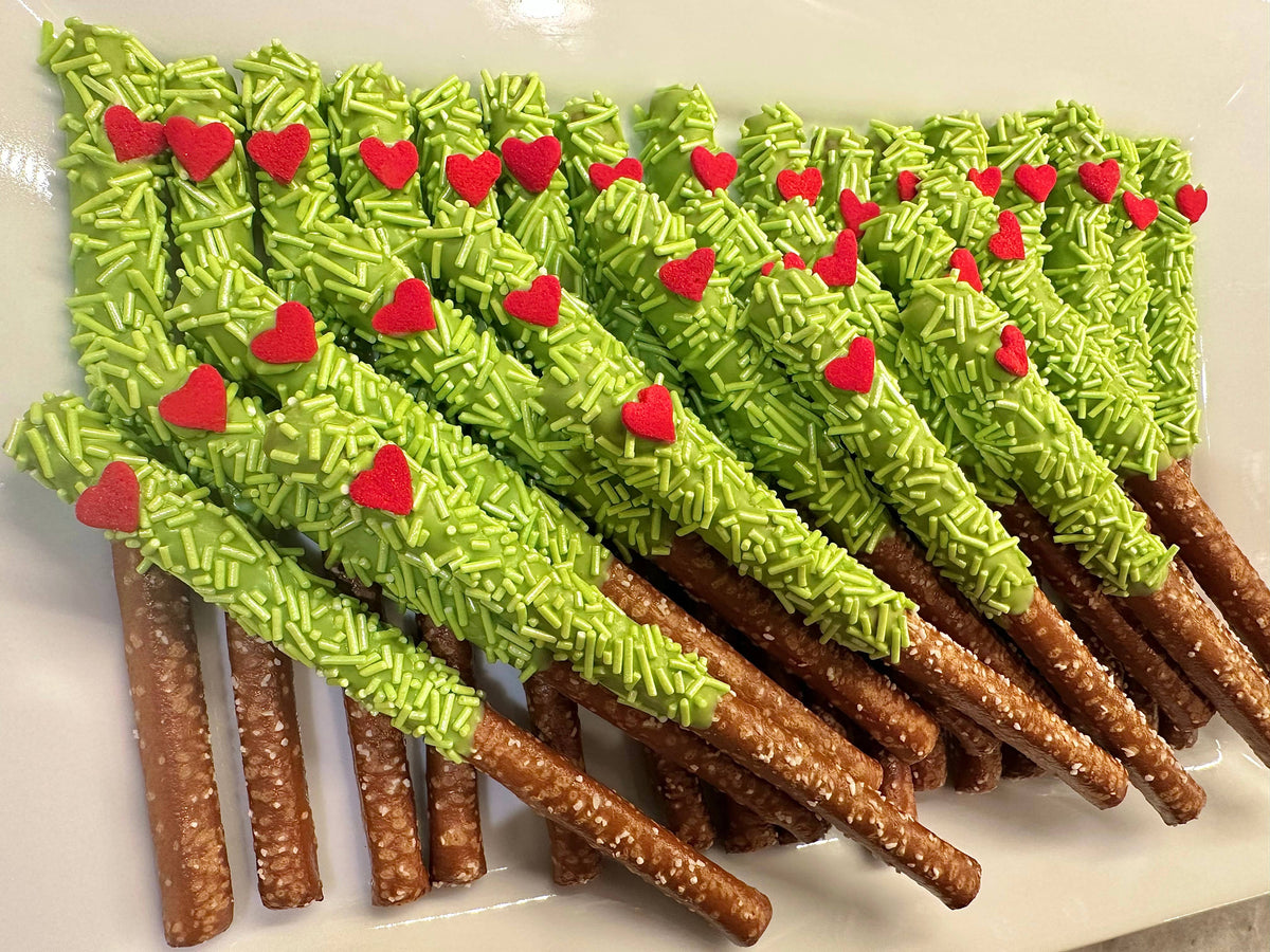 Holiday Green Sprinkle Chocolate Covered Pretzel Rods