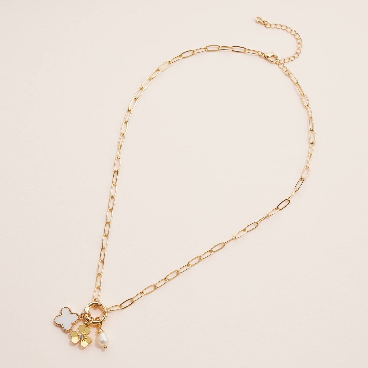 Gold Dipped Necklace with Charms and Pearl Accent