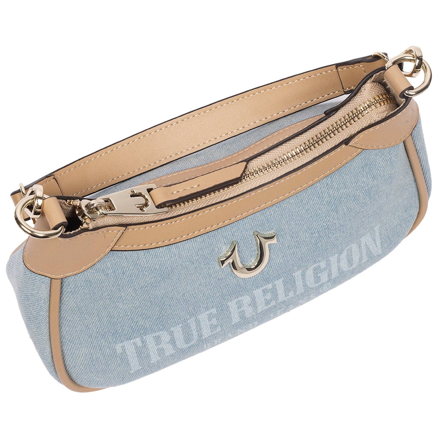 True Religion Blair Denim & PU Shoulder Bag – Logo Denim Mini Shoulder Bag with Detachable Strap (Denim)