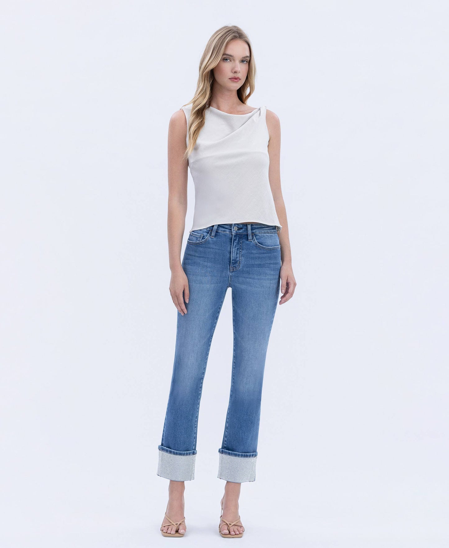HIGH RISE RHINESTONE CUFFED SLIM STRAIGHT JEANS T7004