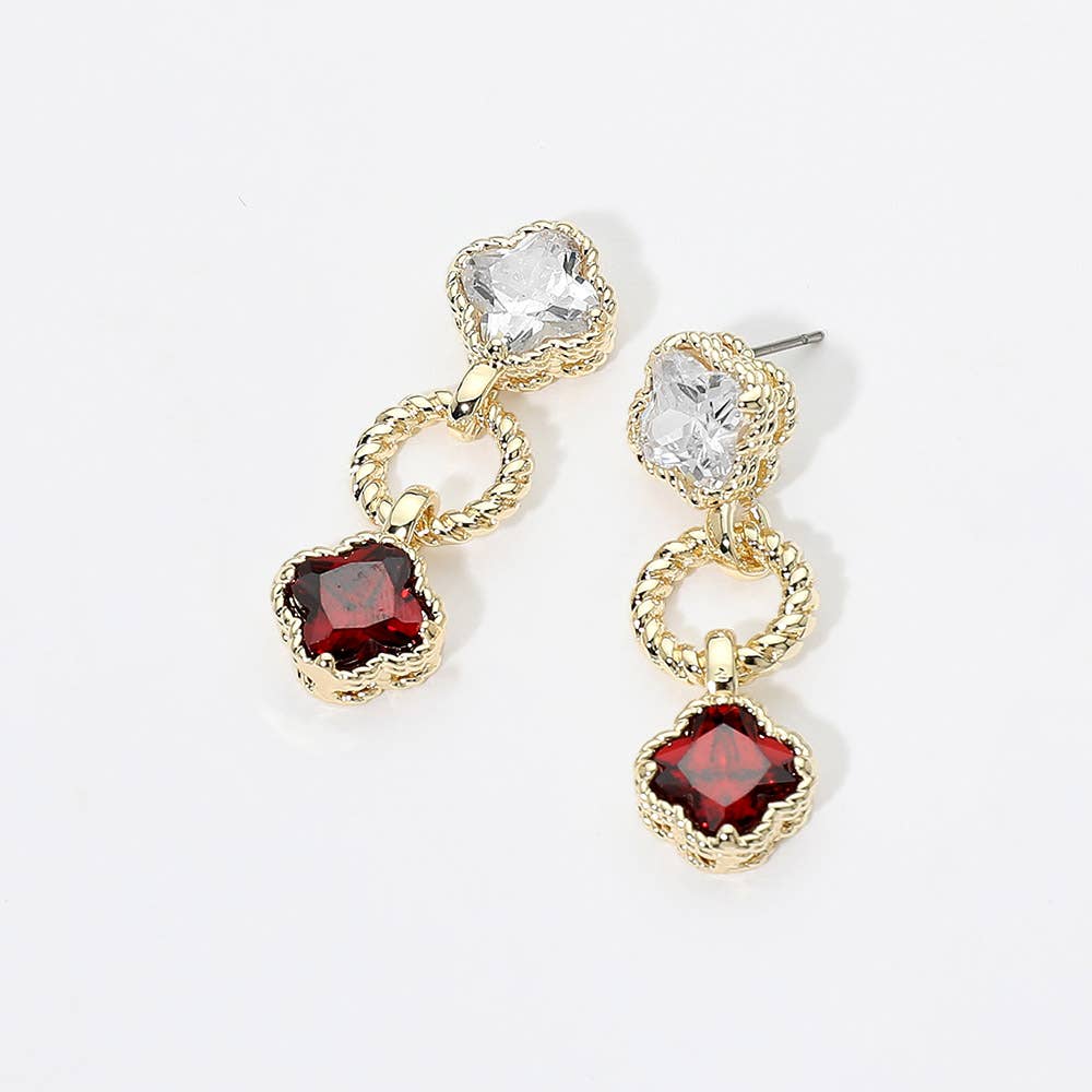 14K Gold Plated CZ Quatrefoil Charm Link Drop Earrings