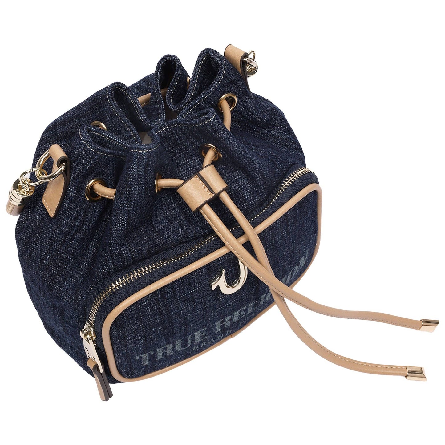 True Religion Bryce Denim & PU Bucket Bag – Women’s Designer Drawstring Bucket Handbag with Crossbody Strap (Dark Denim)