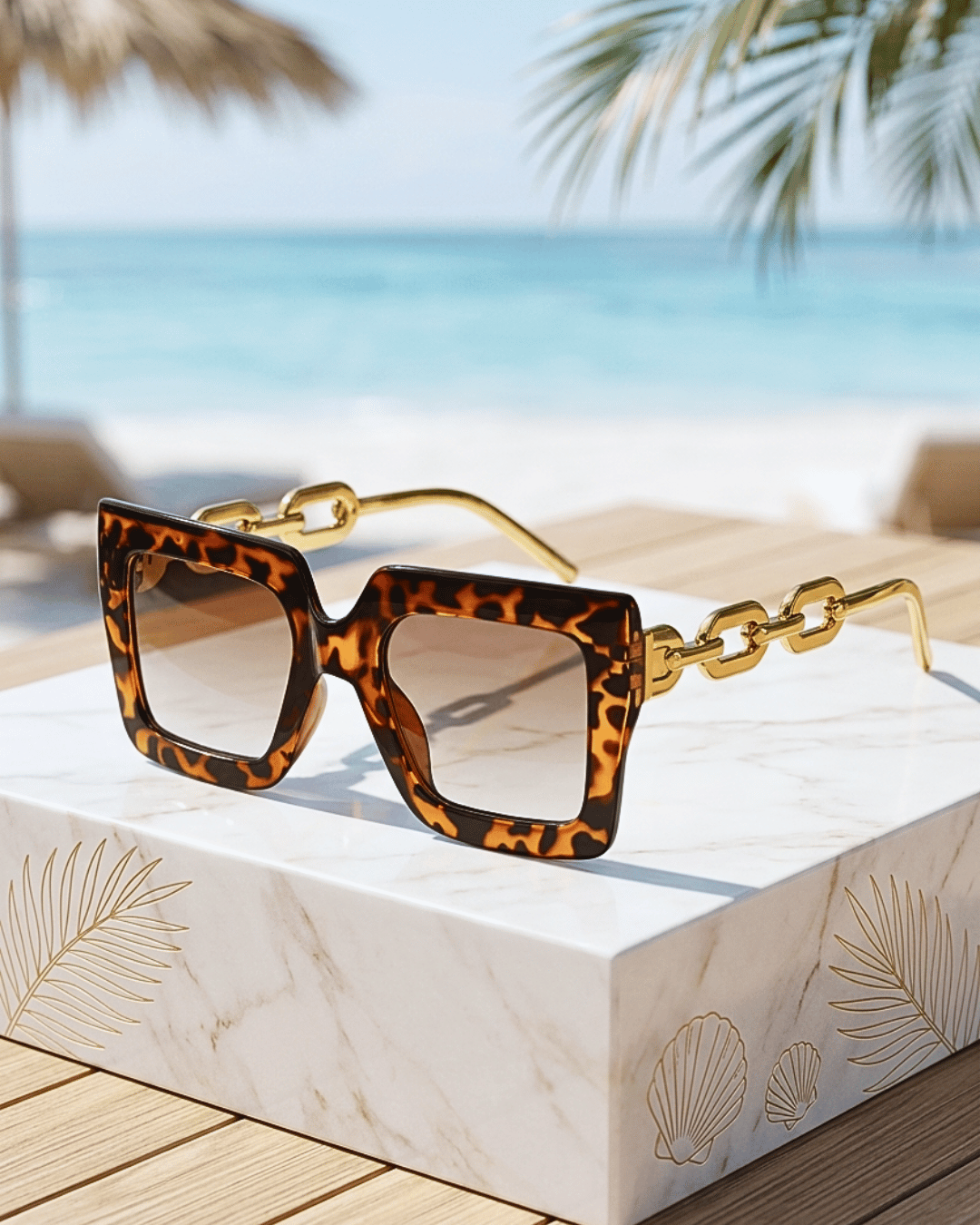 Summer Square Leopard Print Frame Link Temple Sunglass-W