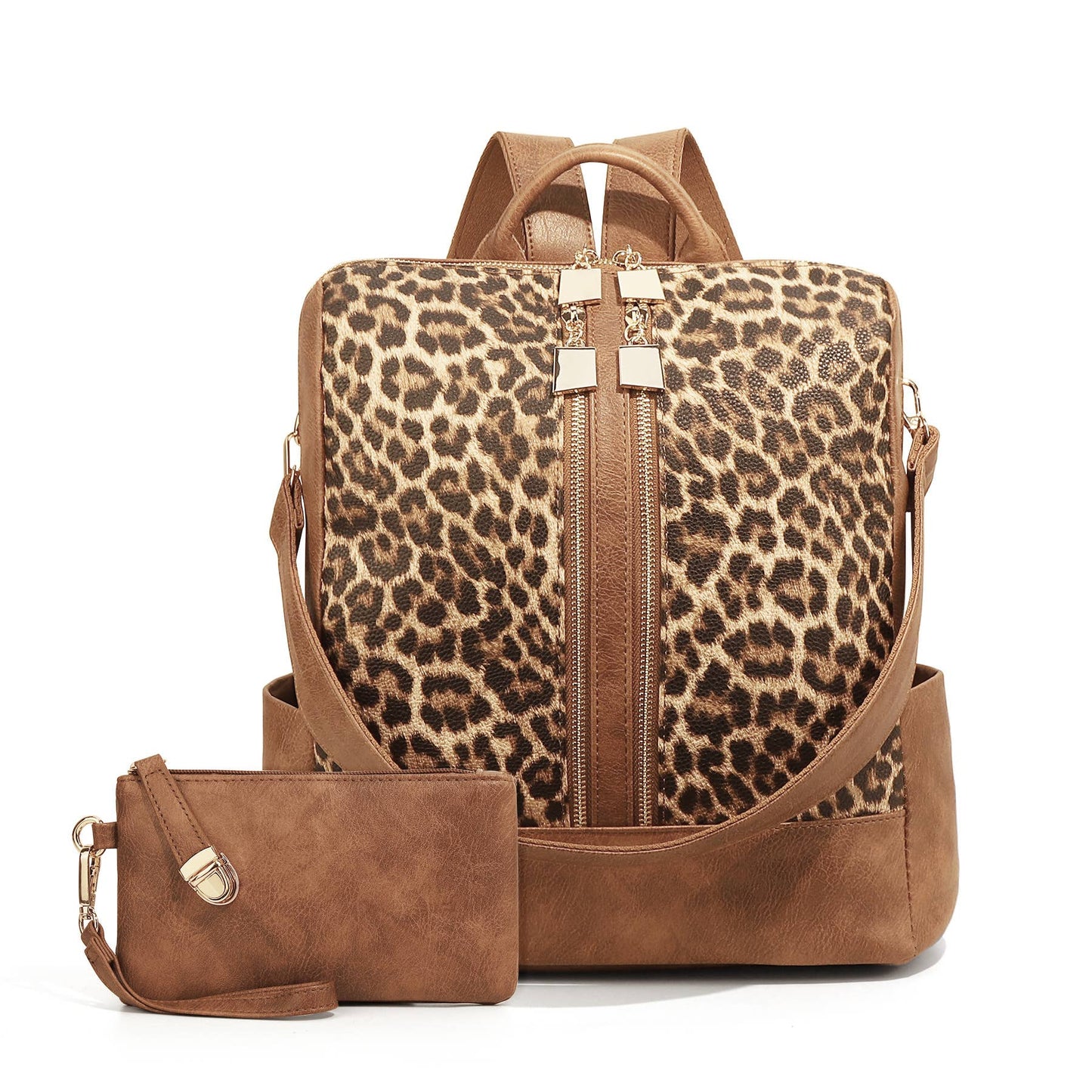 PU Checkered Backpack with Wristlet Pouch