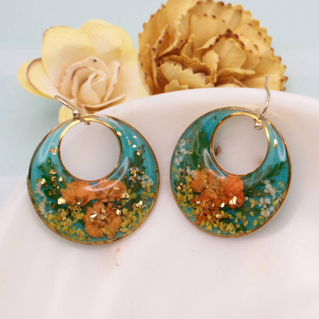 Blue Moods Gold Circle Orange Dried Flower Earrings