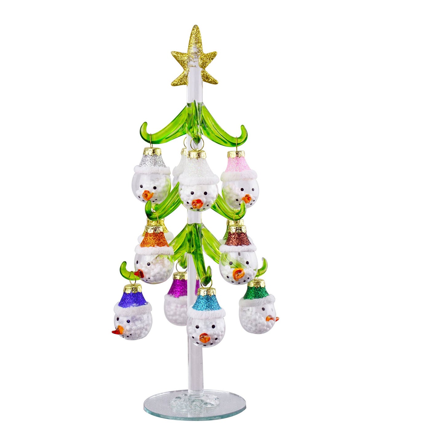 Mini Glass Christmas Tree w/ Snowman Ornaments