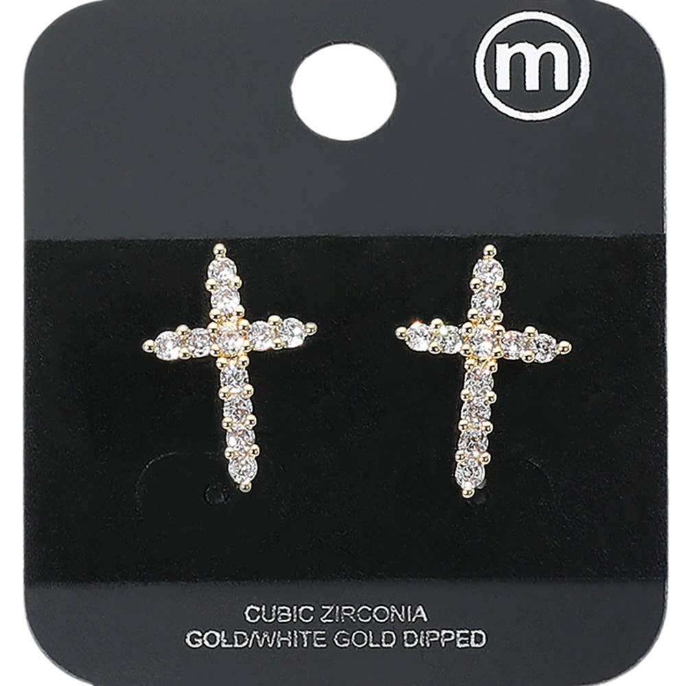 Gold Dipped Cross CZ Stone Stud Earrings
