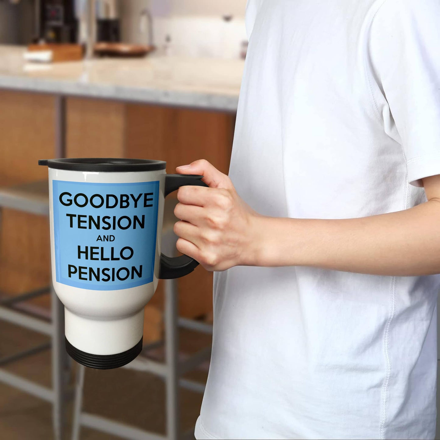 3dRose, Goodbye tension and hello pension. Blue and Black., Travel Mug