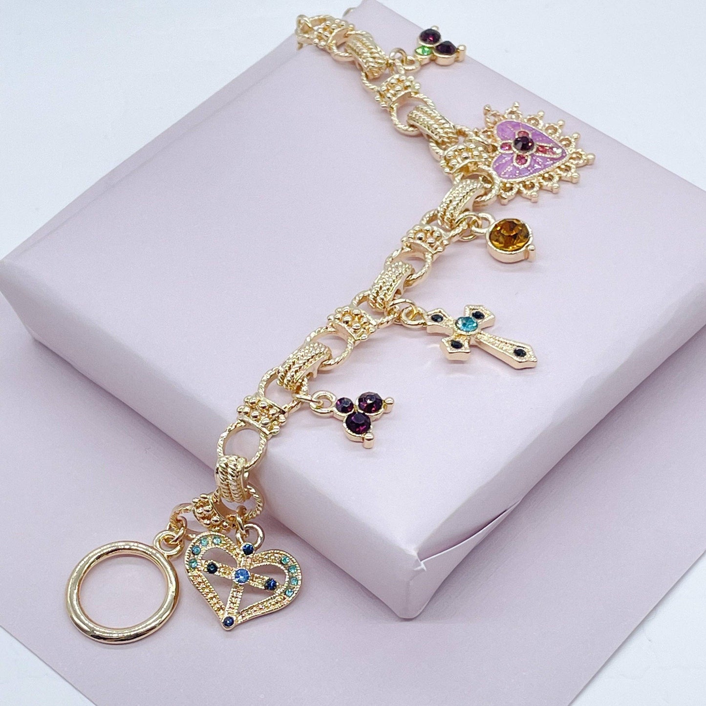 18k Gold Filled Protection Bracelet Featuring Enamel Charms,