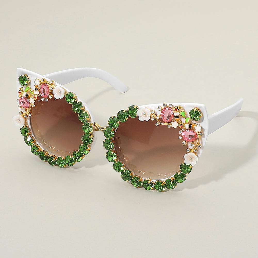 Floral Vine Stone Embellished Cat Eye Frame Fashion Sunglasses