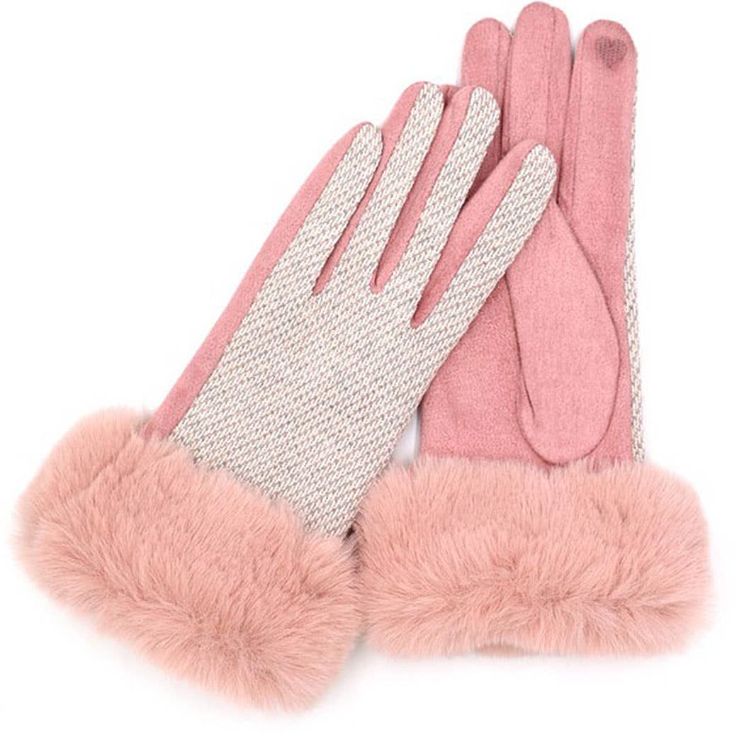 Faux Fur Cuff Mixed Color Smart Touch Gloves