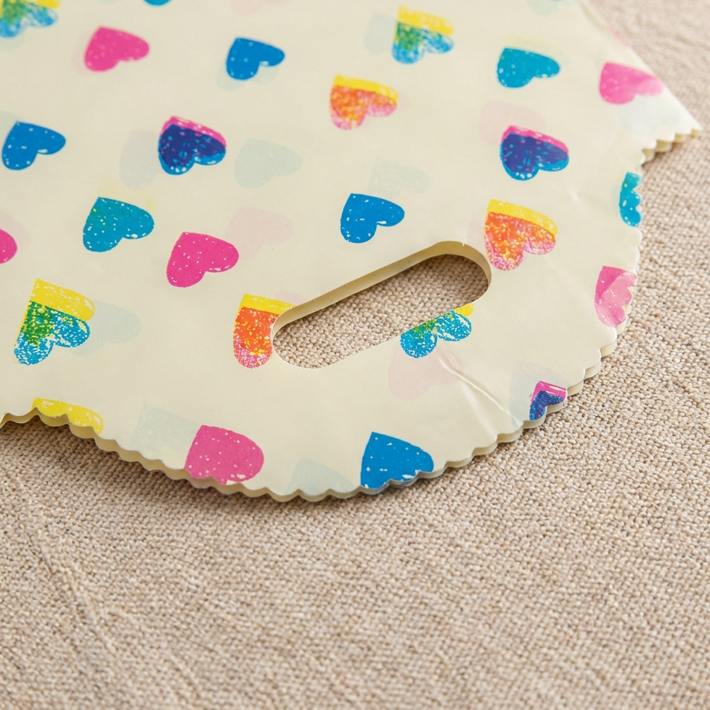 50pc, Colorful Hearts Print Beige Cut-out Handle PVC Bag